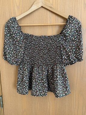 HESPERUS EUC Romantic Smocked Brown Floral Puff Sleeve Blouse Women’s Size S